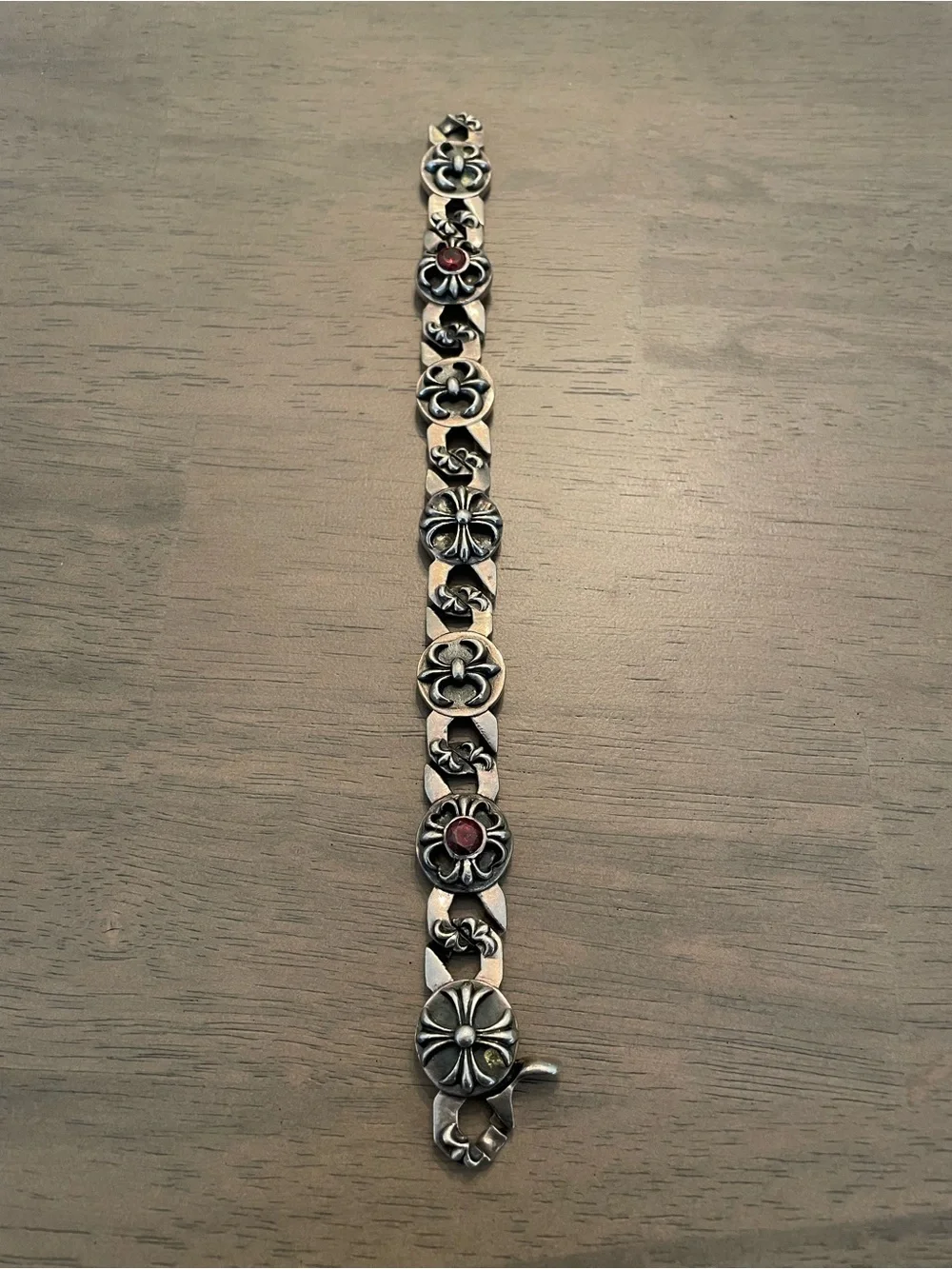 Sterling Silver Floral Link Bracelet with Red Accents